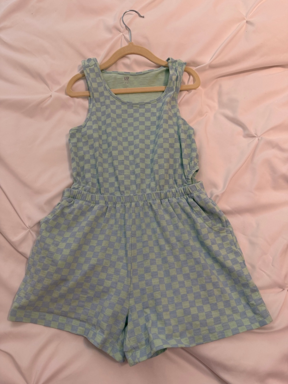 Kids Sleeveless Checkered romper in Light Green and Gray